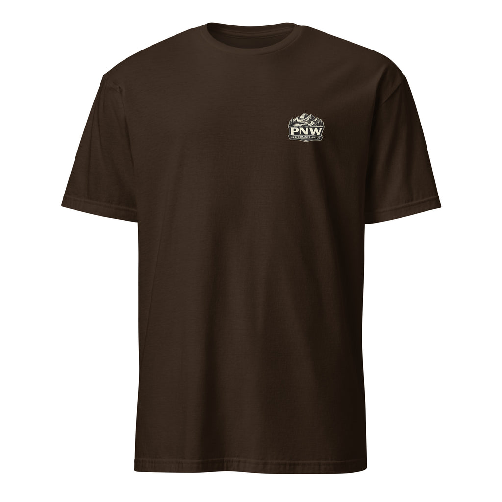 Dark Chocolate The Road Is the Reward sports car T-shirt, front view showing blank unprinted front