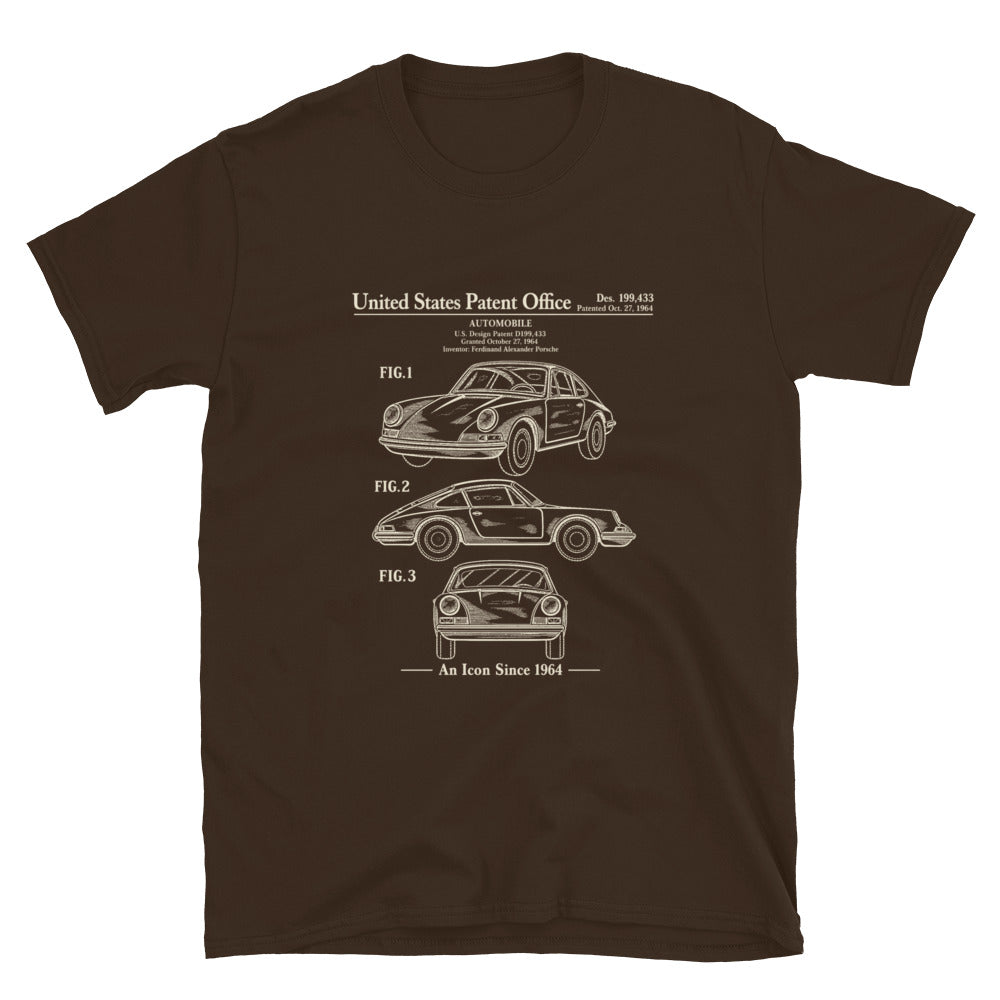 Dark Chocolate 1964 automobile patent illustration T-shirt with ivory front graphic