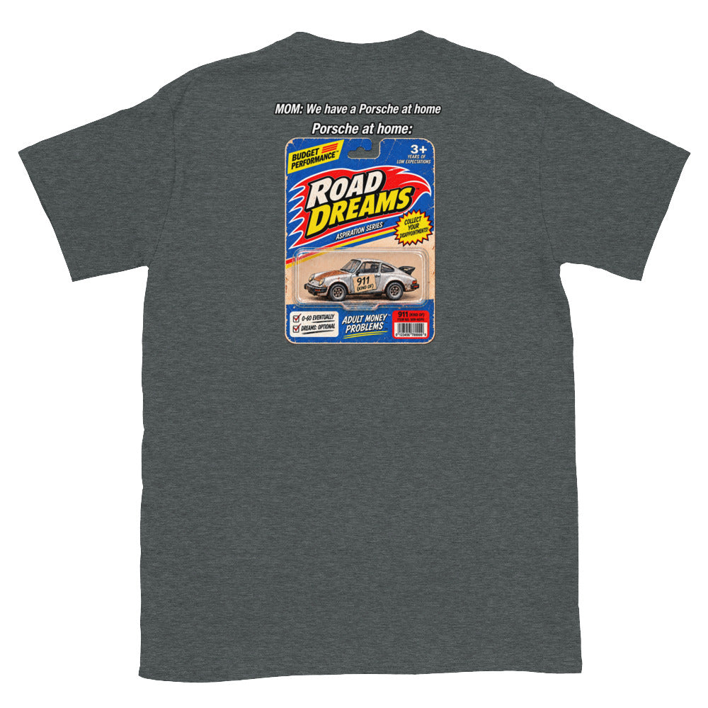 Dark heather Porsche enthusiast T-shirt with Road Dreams parody back graphic