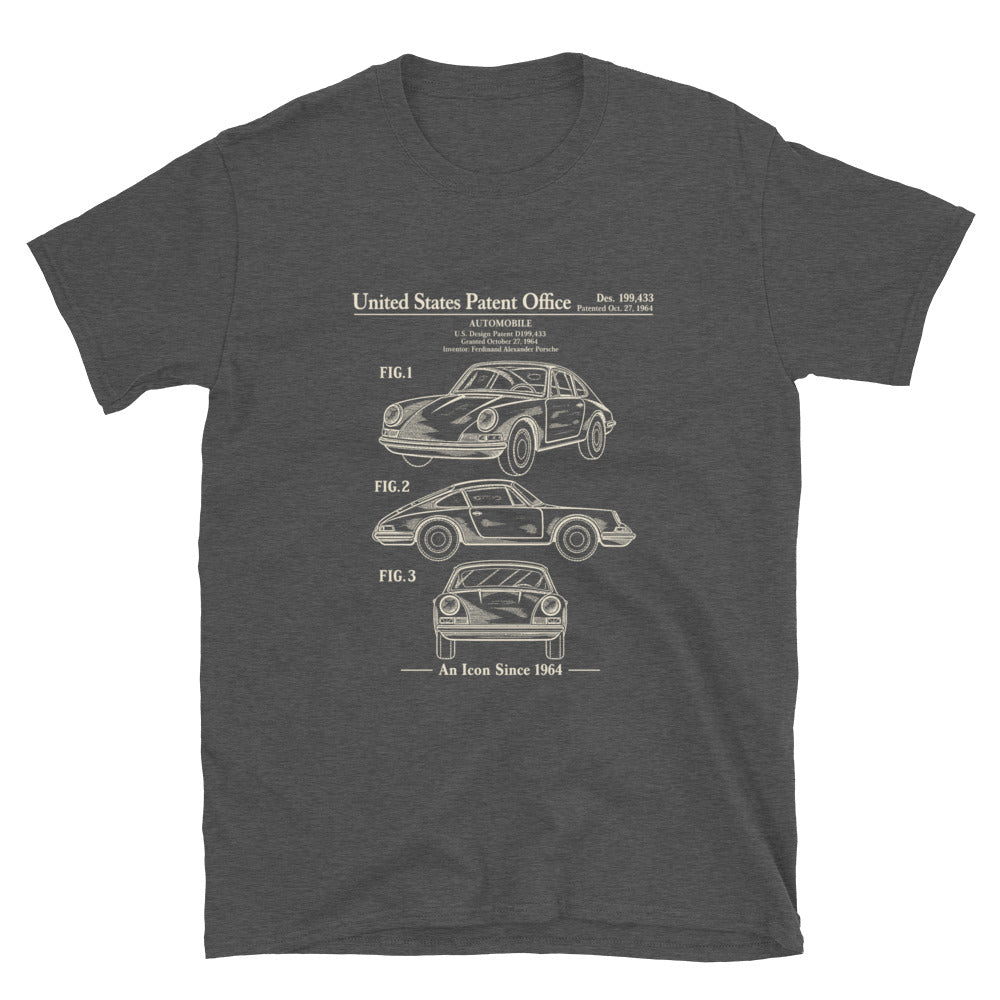 Dark Heather Grey 1964 automobile design patent T-shirt with vintage ivory illustration