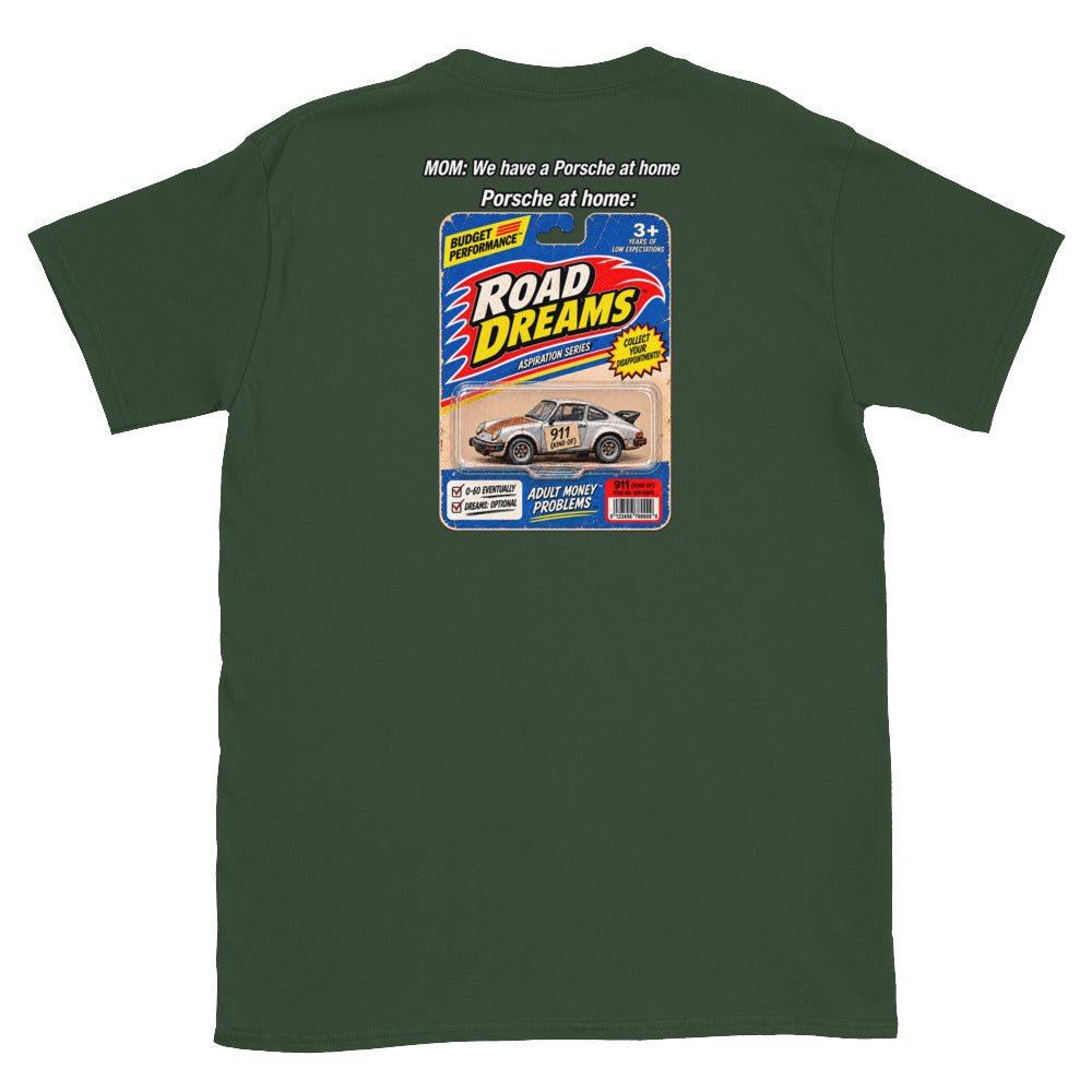 Forest green Porsche at Home meme T-shirt with retro toy-package back design
