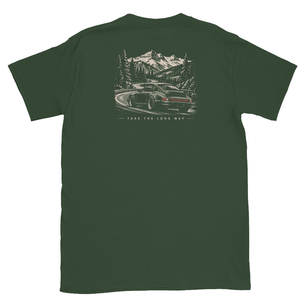 Forest Green Take The Long Way T-shirt back view with vintage mountain pass and classic car artwork