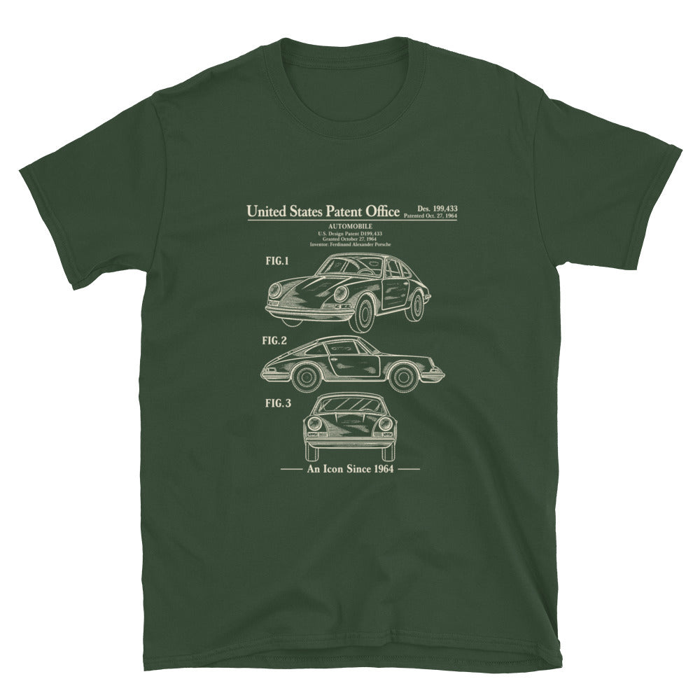 Forest Green 1964 automotive patent T-shirt featuring three technical car views on the front