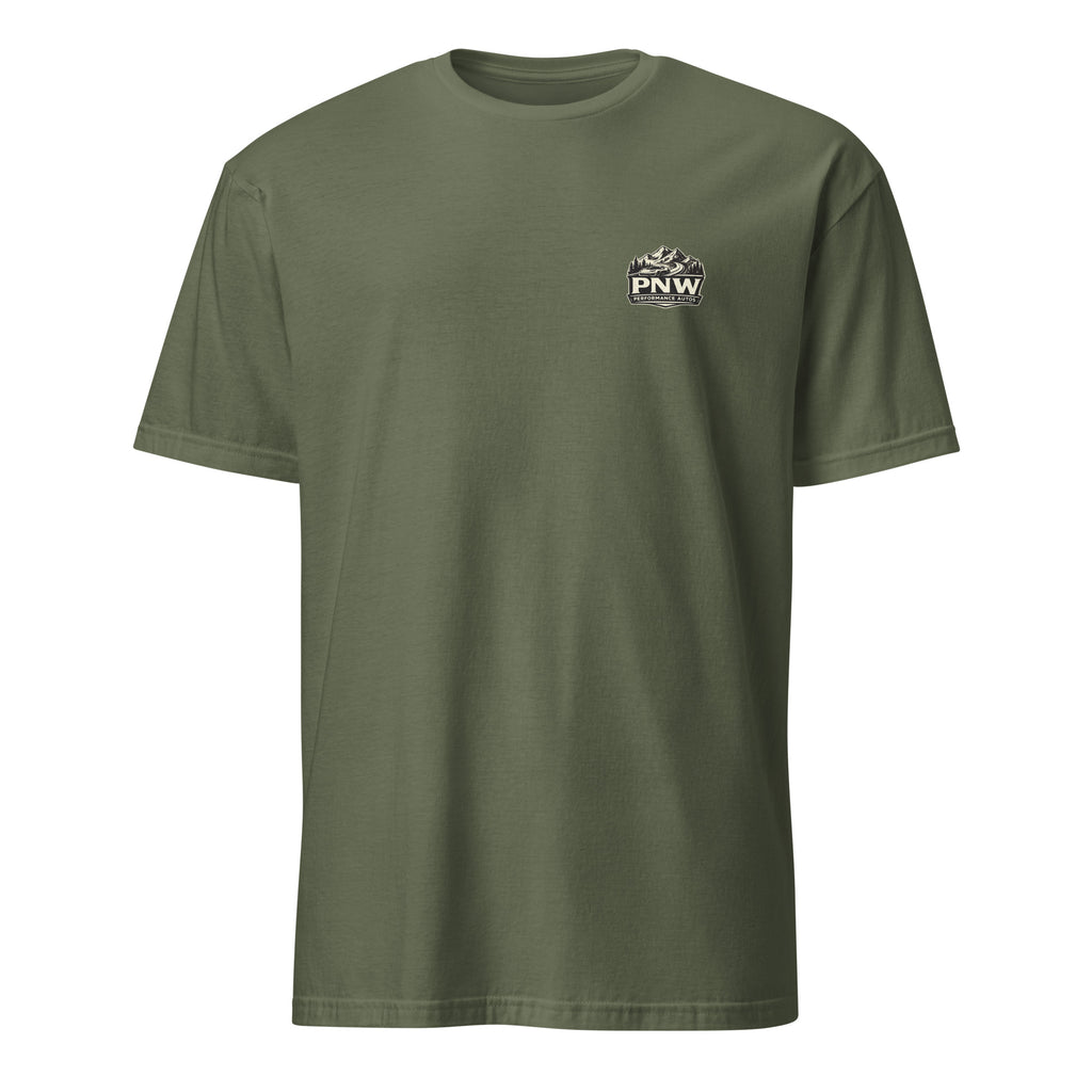 Military Green The Road Is the Reward sports car T-shirt, front view showing blank unprinted front
