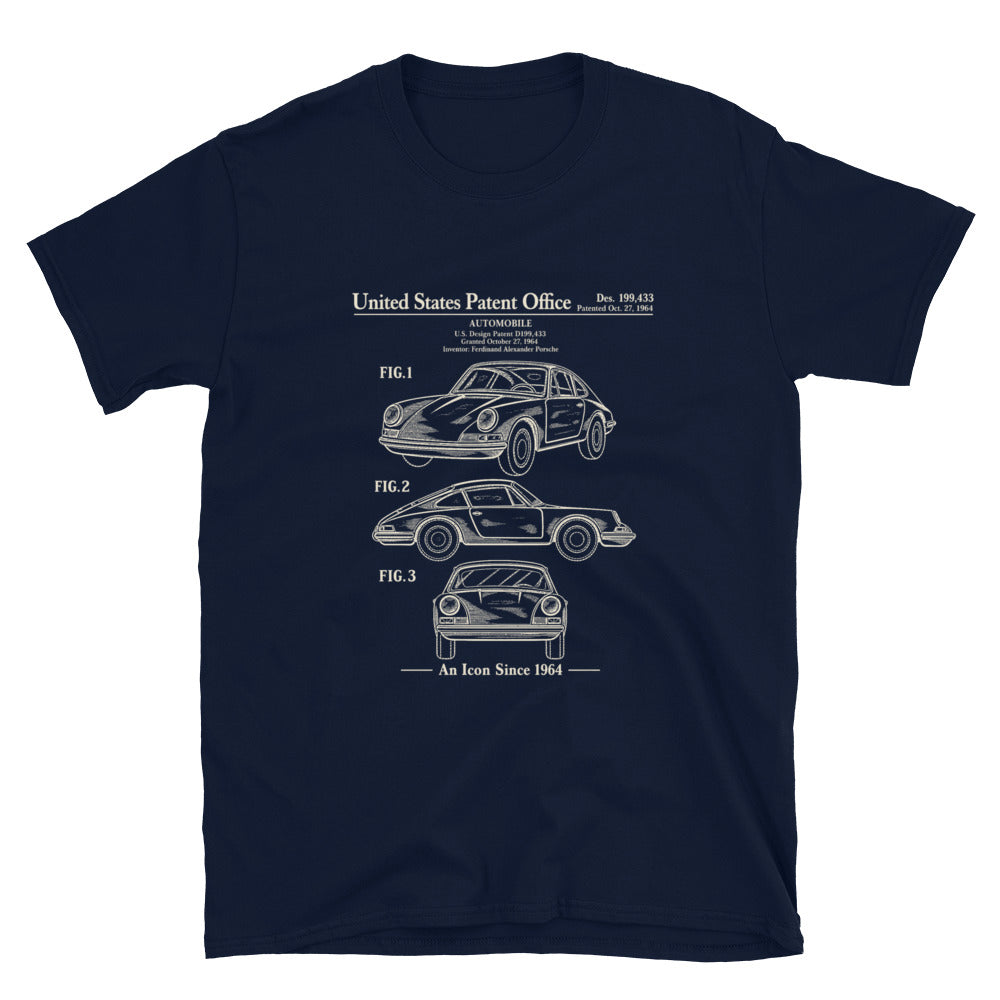Navy 1964 automotive design patent T-shirt with ivory technical drawings on the front