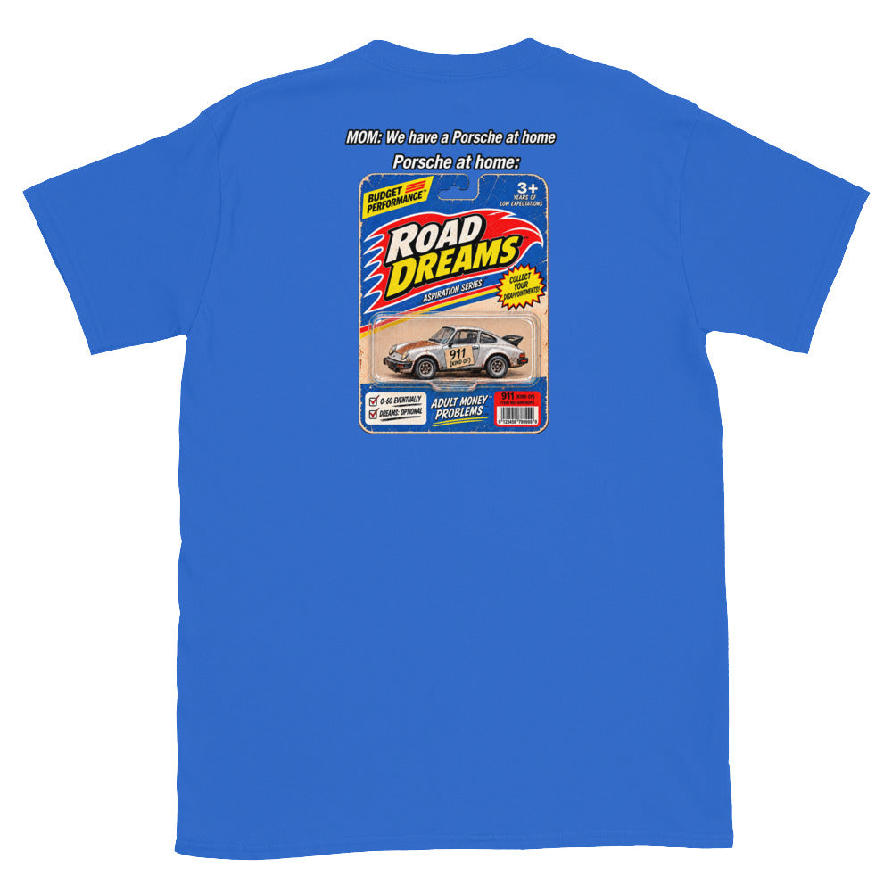 Royal blue funny Porsche T-shirt with Road Dreams automotive back graphic