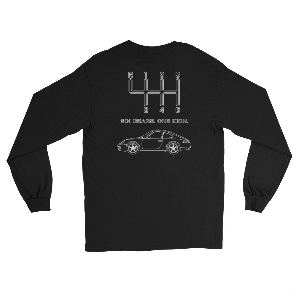 Black manual transmission long sleeve shirt with Six Gears One Icon back print