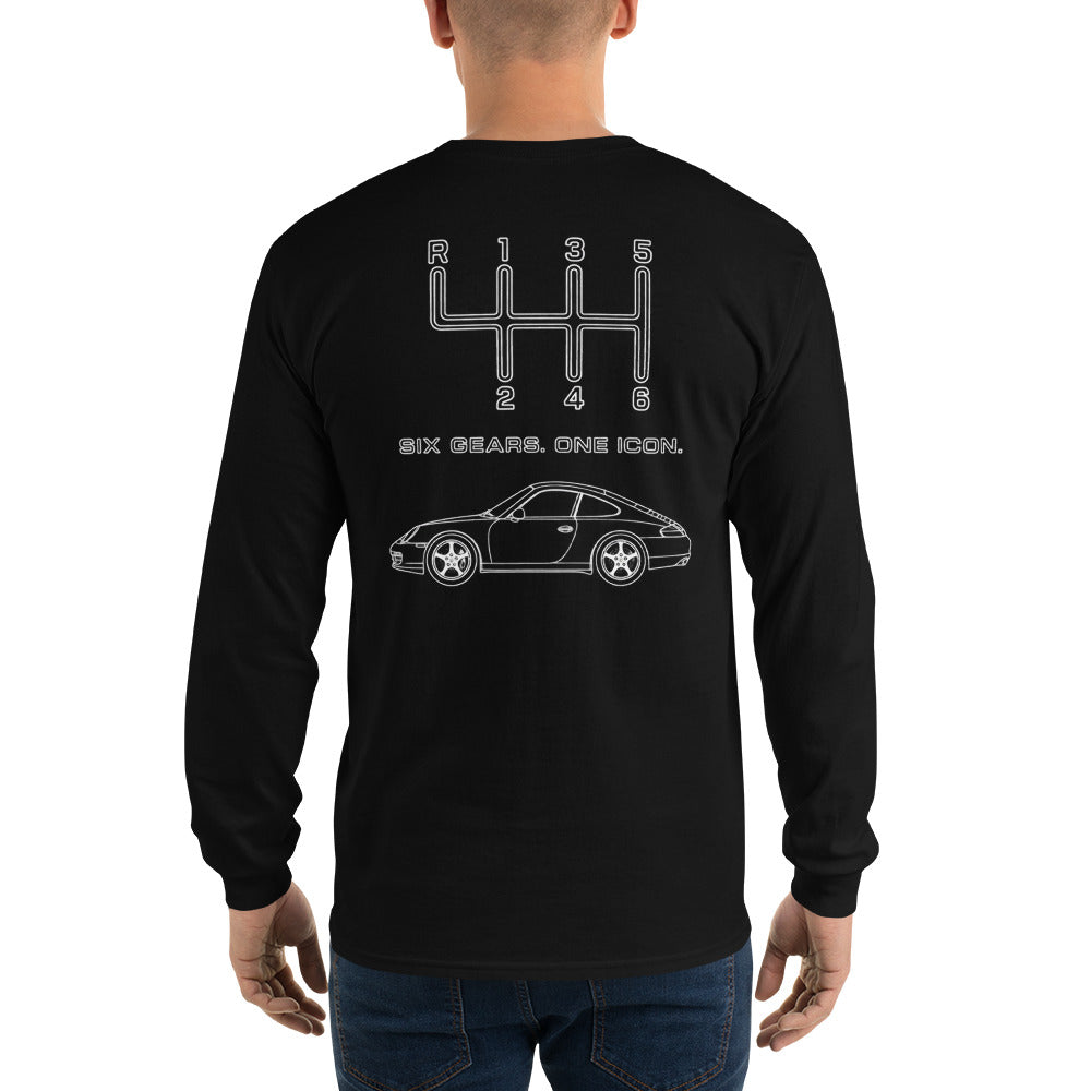 Black manual transmission long sleeve shirt shown from the back on a model