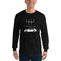 Man wearing black E30 M3 long sleeve T-shirt with 5-speed shift pattern and classic BMW E30 M3 graphic.