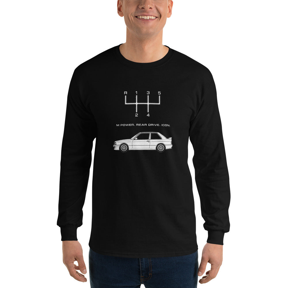 Man wearing black E30 M3 long sleeve T-shirt with 5-speed shift pattern and classic BMW E30 M3 graphic.