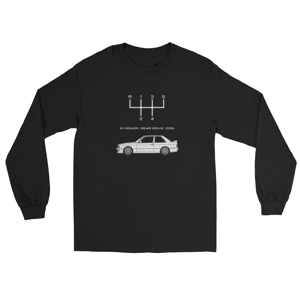 Black Gildan 2400 long sleeve E30 M3 T-shirt with Race Bred Rear Driven Legendary front graphic.