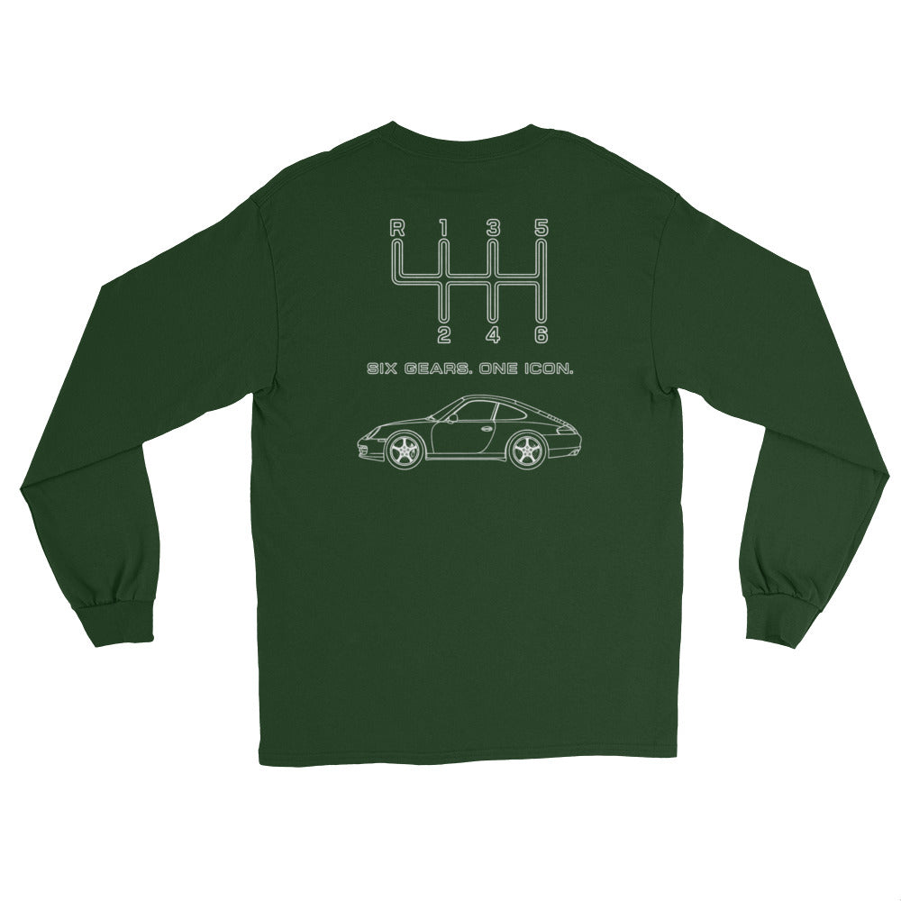 Forest Green manual transmission long sleeve shirt with Six Gears One Icon back print