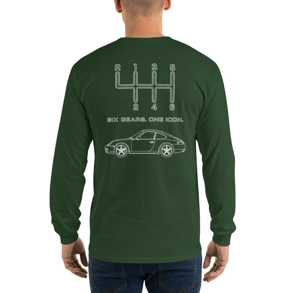 Forest Green manual transmission long sleeve shirt shown from the back on a model