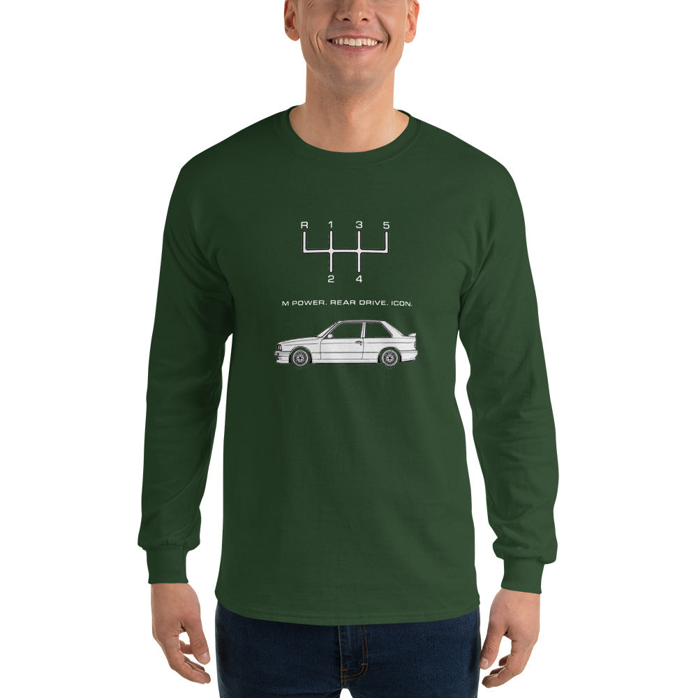 Man wearing forest green E30 M3 long sleeve shirt with white shift pattern and motorsport-inspired graphic.