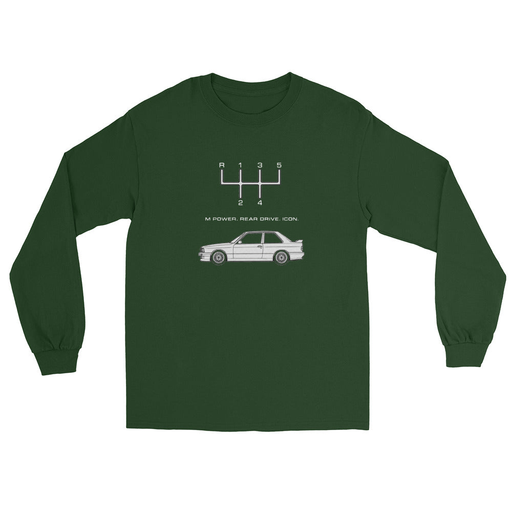 Forest green Gildan 2400 long sleeve E30 M3 shirt with manual transmission graphic and classic BMW-inspired car design.