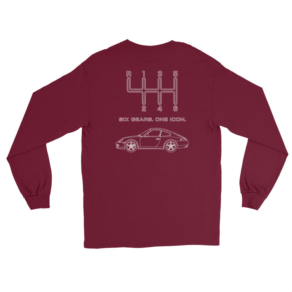 Maroon manual transmission long sleeve shirt with Six Gears One Icon back print