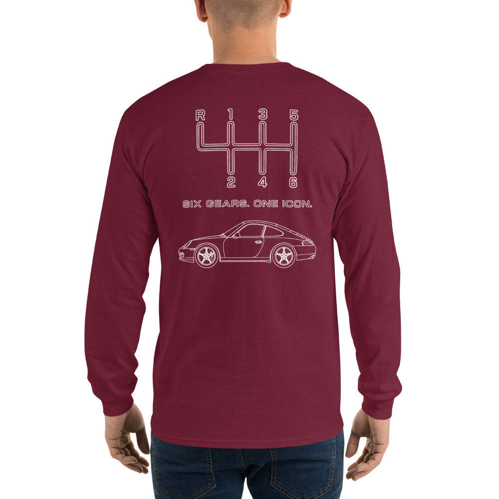 Maroon manual transmission long sleeve shirt shown from the back on a model