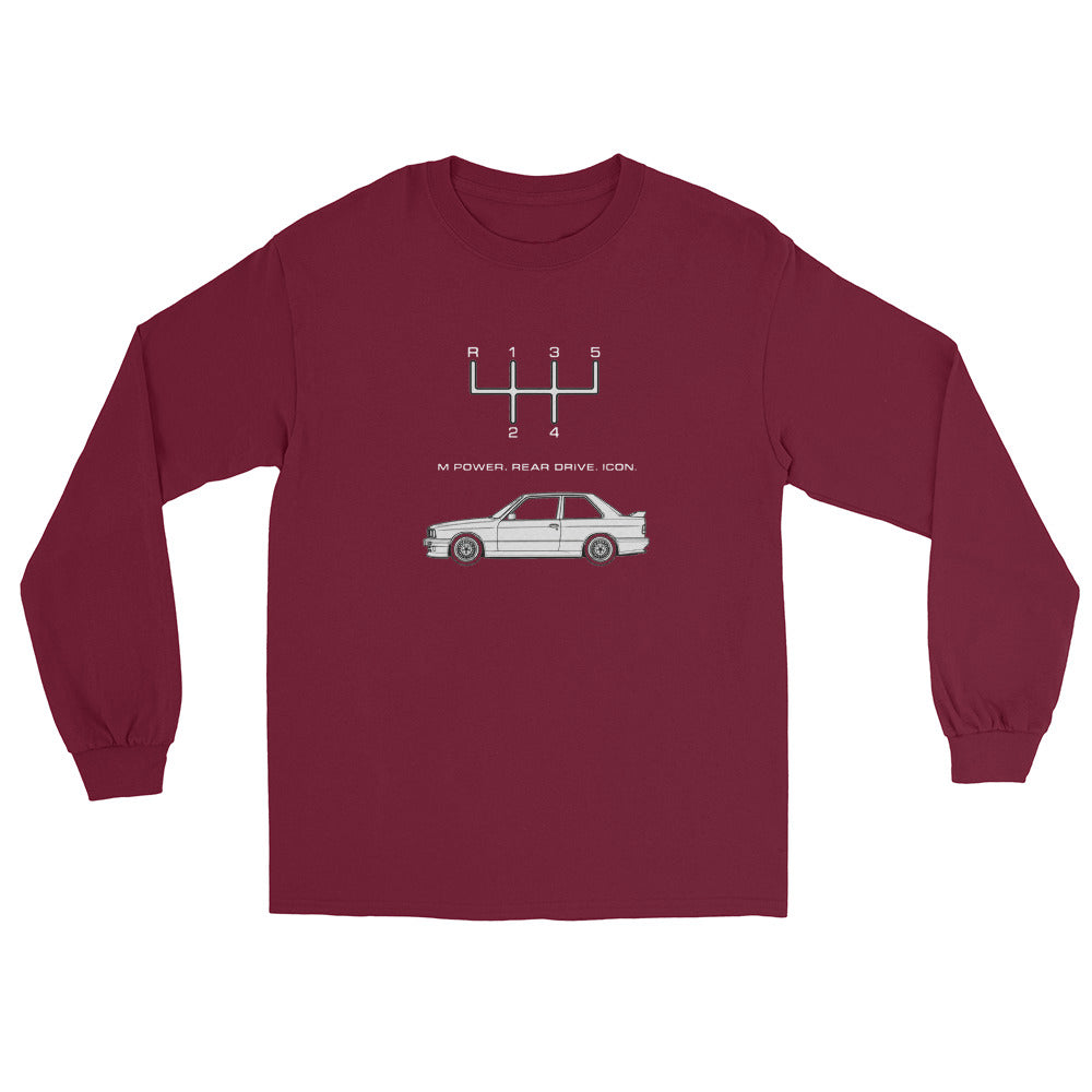 Maroon Gildan 2400 long sleeve E30 M3 T-shirt with 5-speed shift pattern and Race Bred Rear Driven Legendary graphic.
