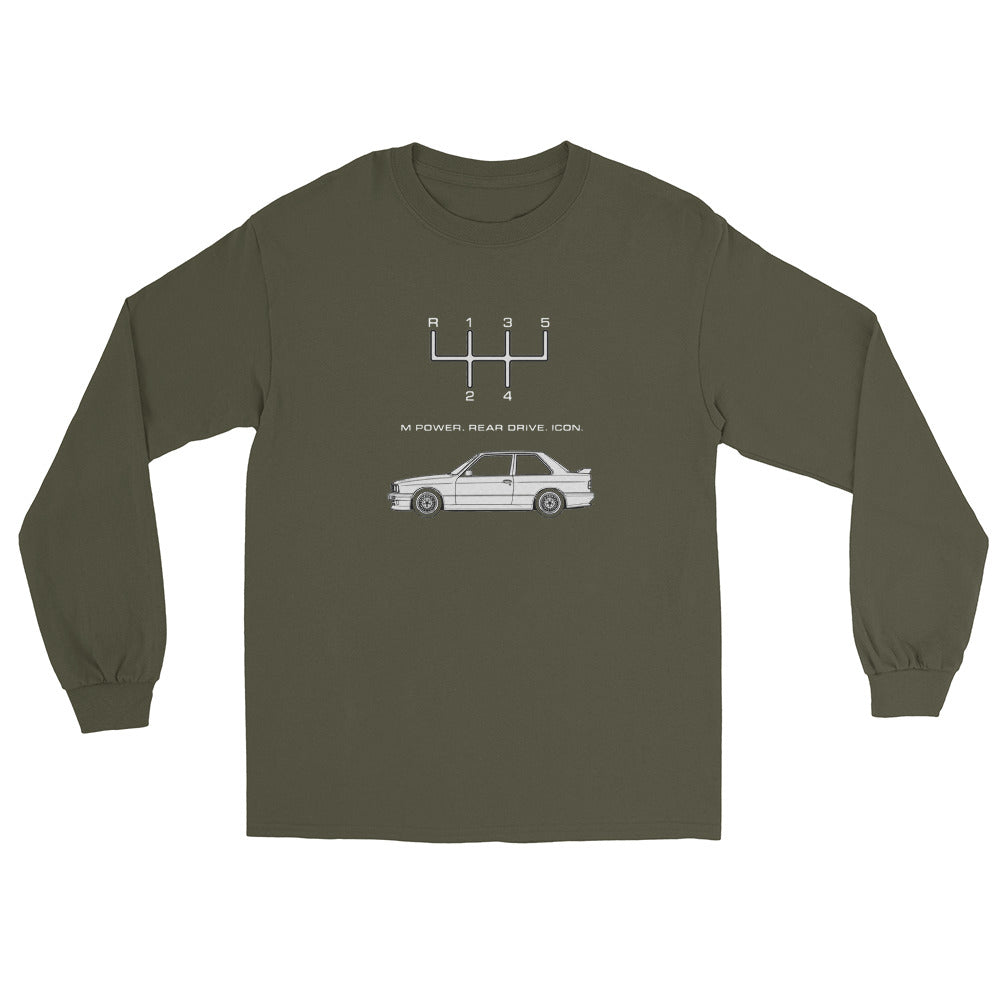 Military green Gildan 2400 long sleeve E30 M3 T-shirt with 5-speed shift pattern and motorsport-inspired front graphic.