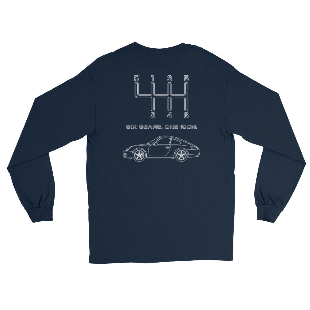 Navy manual transmission long sleeve shirt with Six Gears One Icon back print