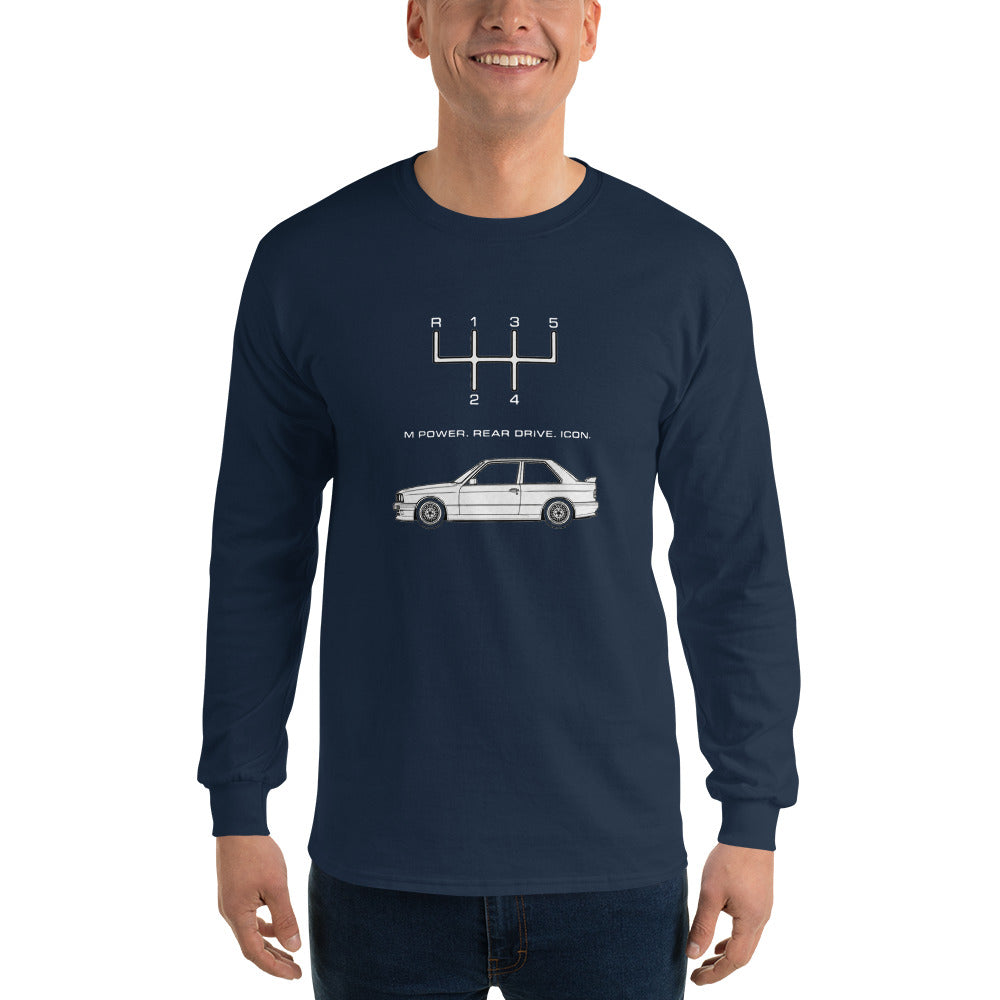 Man wearing navy E30 M3 long sleeve T-shirt with 5-speed shift pattern and Race Bred Rear Driven Legendary design.