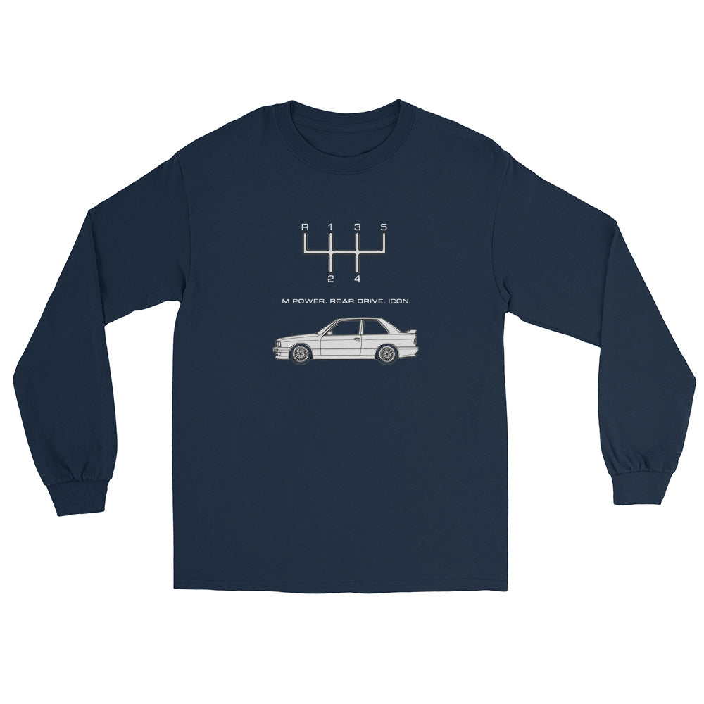 Navy Gildan 2400 long sleeve E30 M3 shirt with white manual shift pattern and classic performance car design.