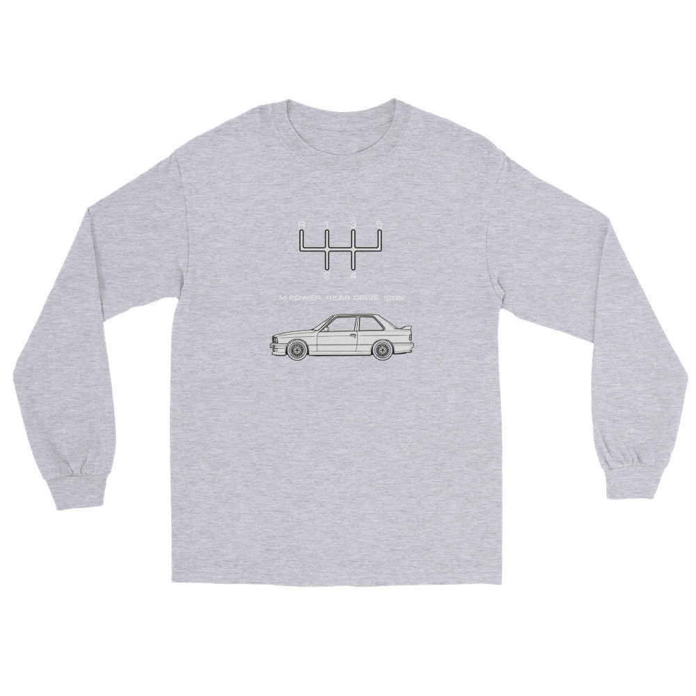 Sport Grey Gildan 2400 long sleeve E30 M3 T-shirt with manual shift pattern and classic performance car design.