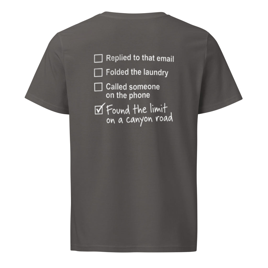 Anthracite canyon road driving T-shirt with funny automotive checklist graphic printed on the back