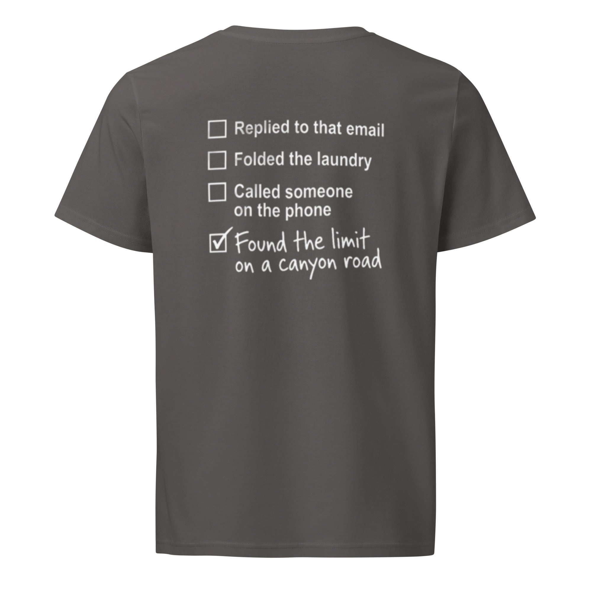 Anthracite canyon road driving T-shirt with funny automotive checklist graphic printed on the back