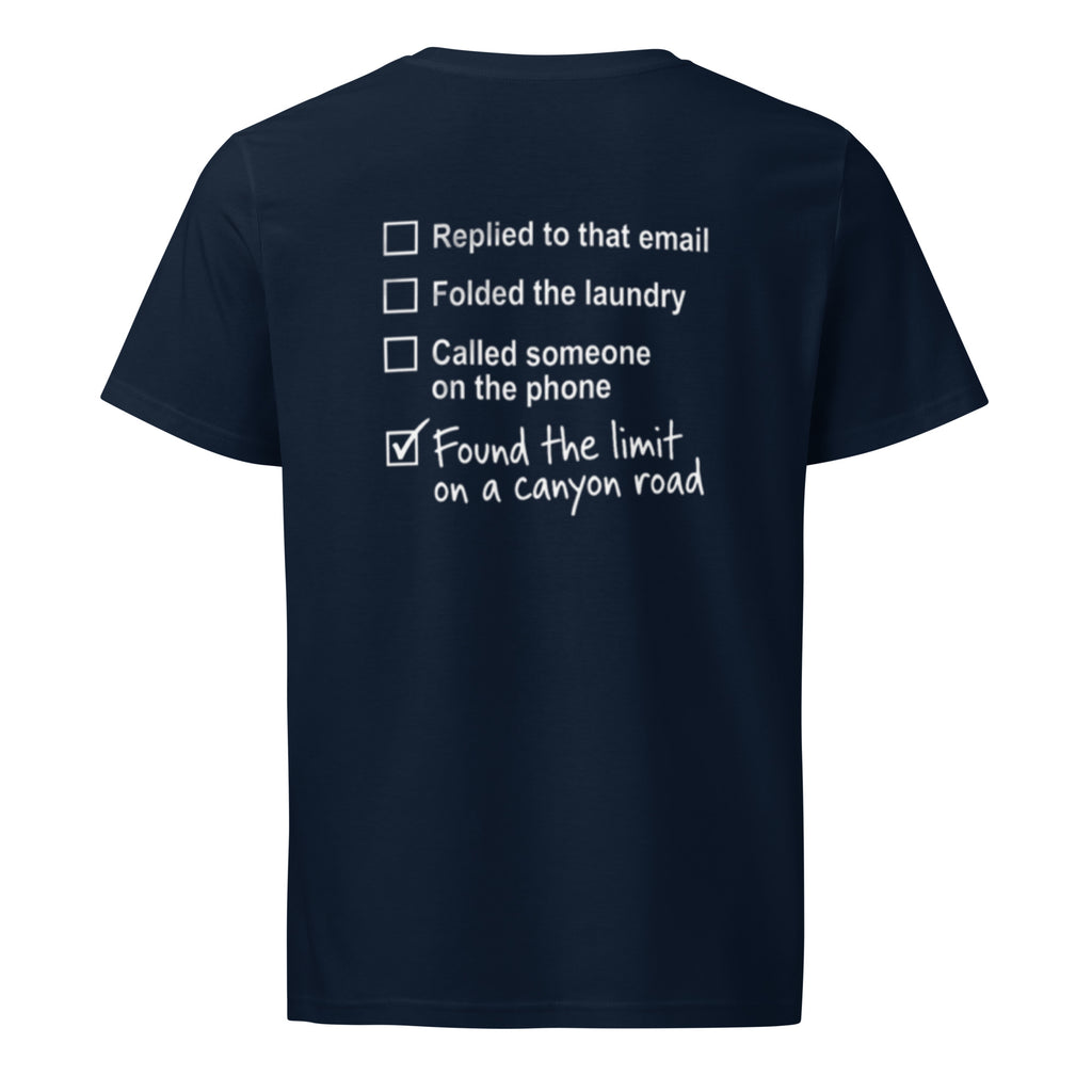 French Navy canyon road driving T-shirt with funny checklist back graphic for car enthusiasts