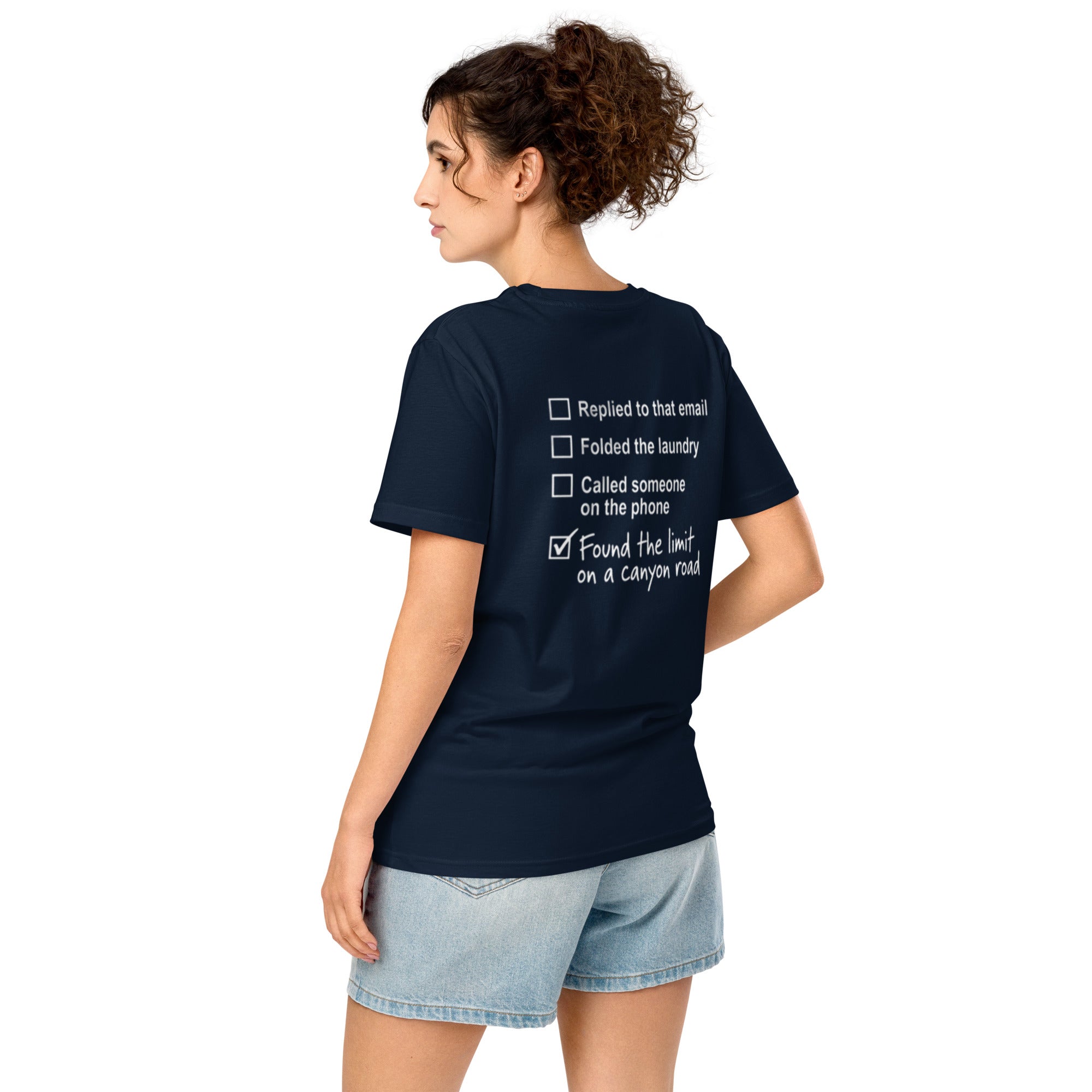 Model wearing French Navy canyon road driving T-shirt showing funny checklist back graphic