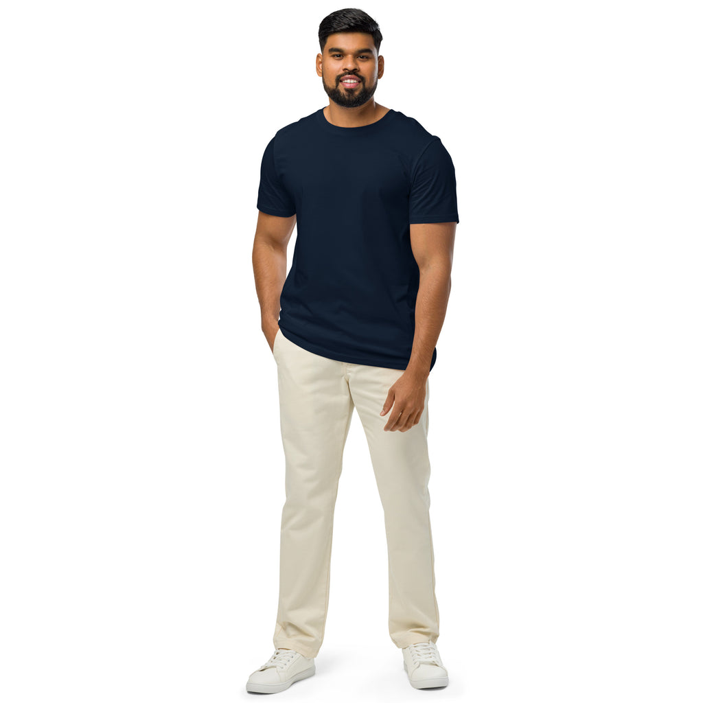 Model wearing French Navy unisex organic cotton T-shirt shown from the front with a clean blank design