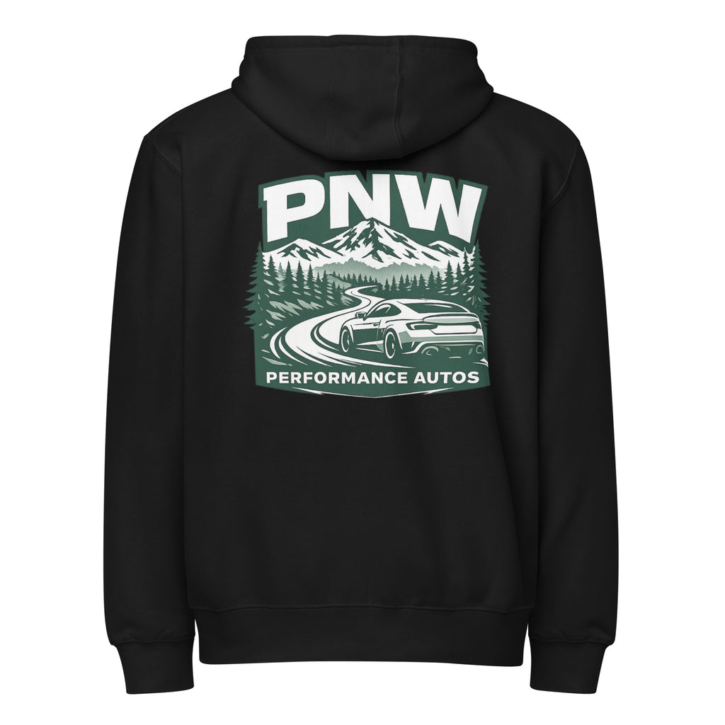 Black PNW Performance Autos full-zip hoodie, rear product view with mountain-road and sports car back print