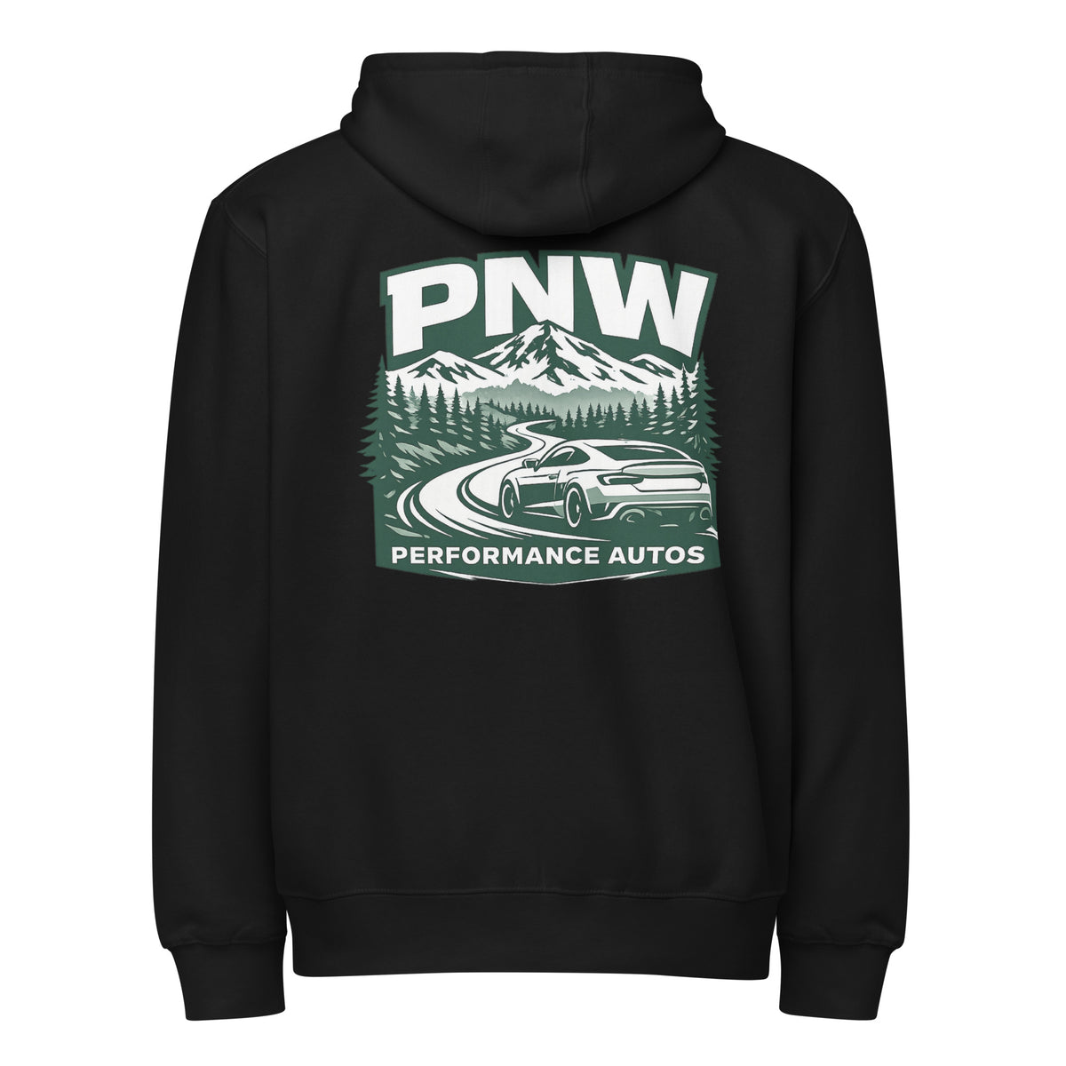 Black PNW Performance Autos full-zip hoodie, rear product view with mountain-road and sports car back print