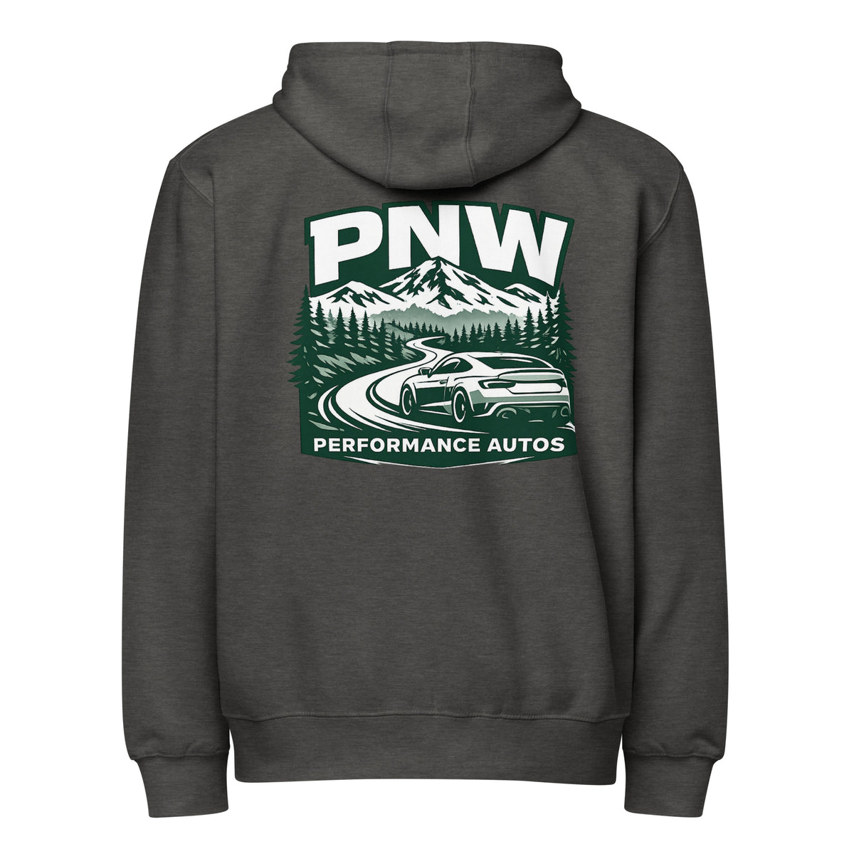 Charcoal Heather PNW Performance Autos full-zip hoodie, rear product view with mountain-road and sports car back print