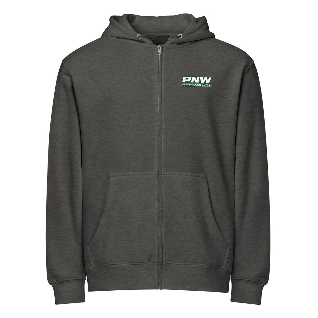 Charcoal Heather Lane Seven LS14003 full-zip hoodie, front product view with PNW Performance Autos chest logo
