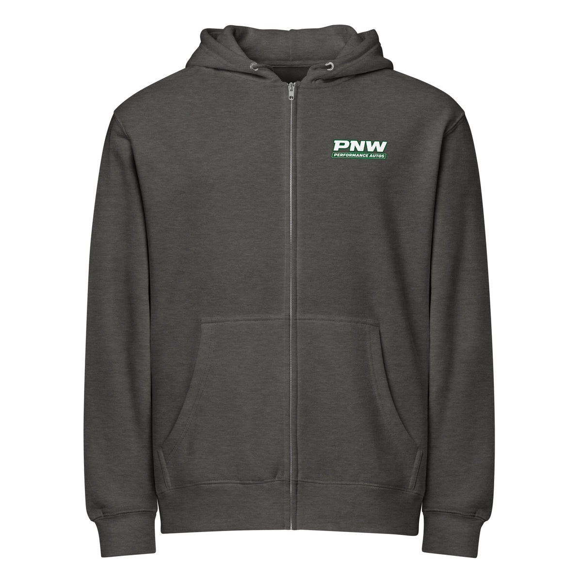 Charcoal Heather Lane Seven LS14003 full-zip hoodie, front product view with PNW Performance Autos chest logo