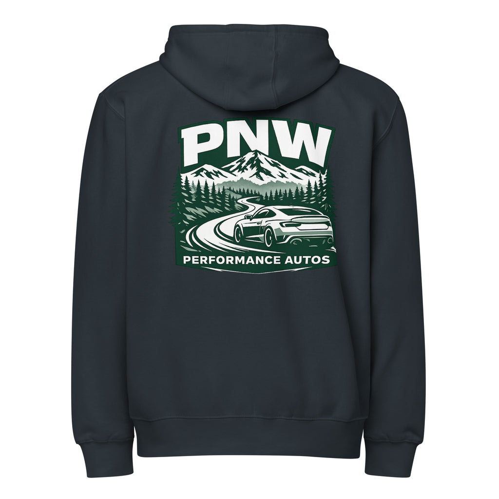 Navy PNW Performance Autos full-zip hoodie, rear product view with mountain-road and sports car back print