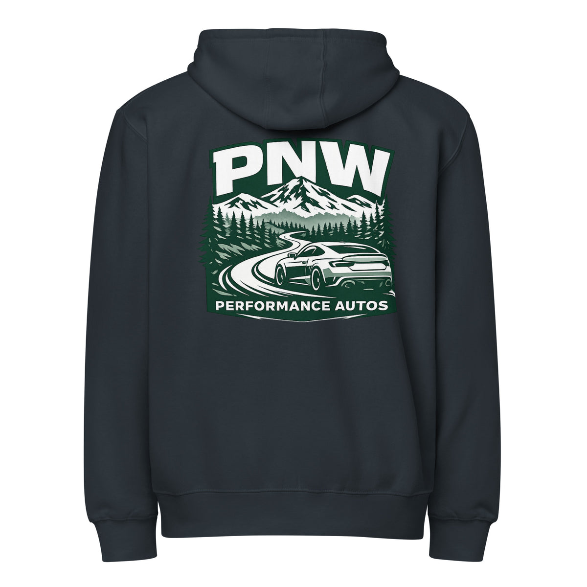 Navy PNW Performance Autos full-zip hoodie, rear product view with mountain-road and sports car back print
