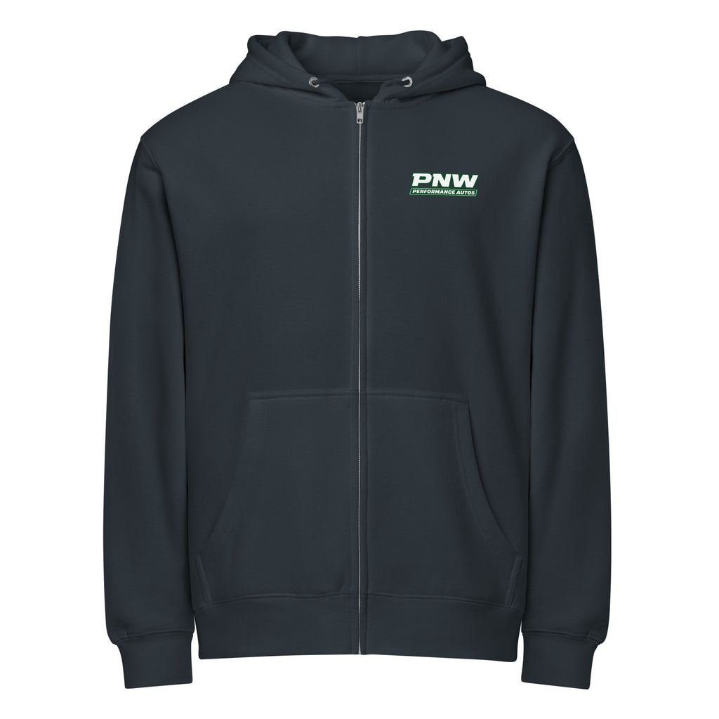Navy Lane Seven LS14003 full-zip hoodie, front product view with PNW Performance Autos chest logo