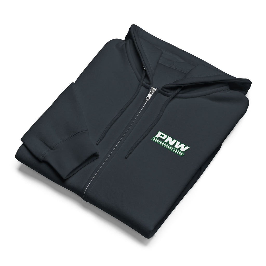 Navy PNW Performance Autos full-zip hoodie, alternate front product view