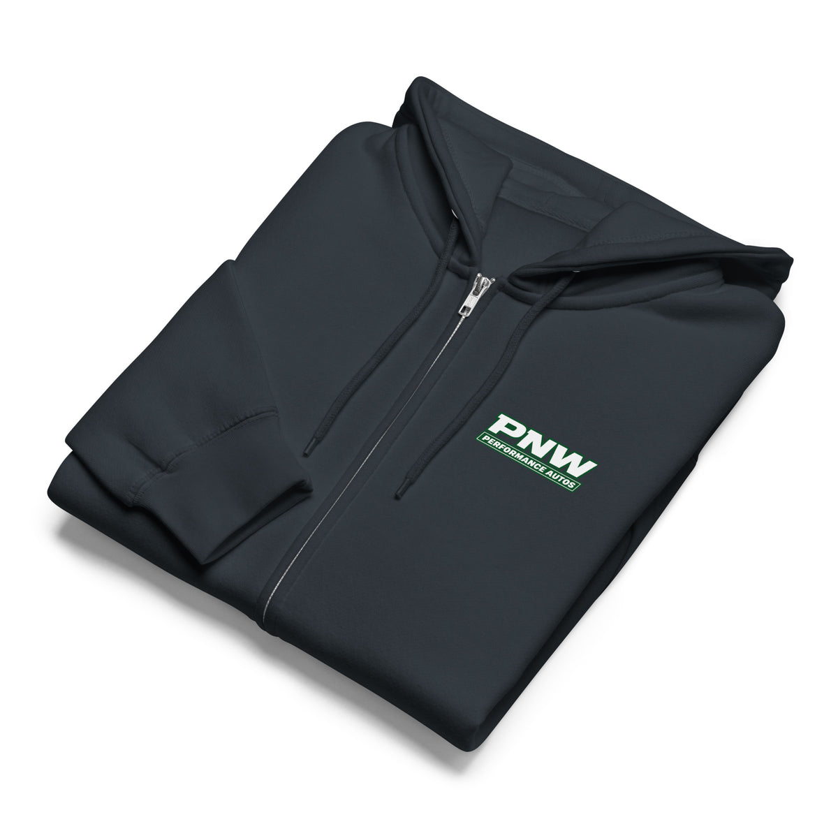 Navy PNW Performance Autos full-zip hoodie, alternate front product view