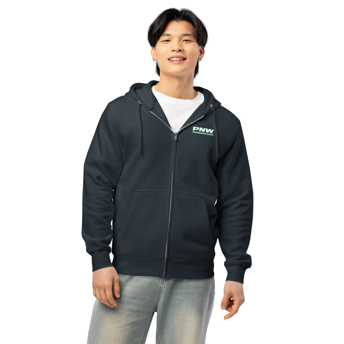 Navy PNW Performance Autos full-zip hoodie, additional front-angle product mockup