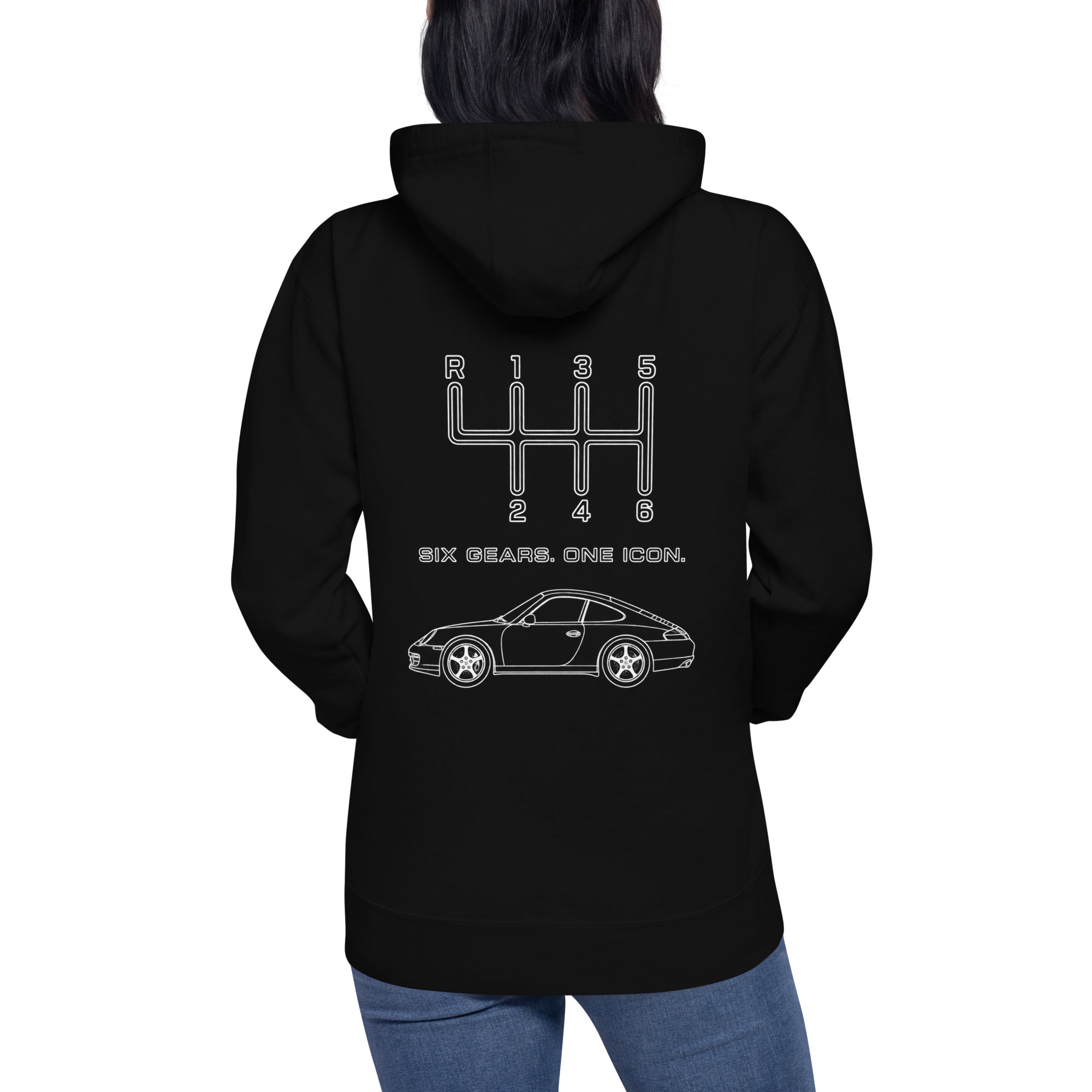 Rear view of model wearing black Six Gears One Icon automotive enthusiast hoodie