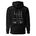 Black manual transmission hoodie with Six Gears One Icon classic sports car back graphic