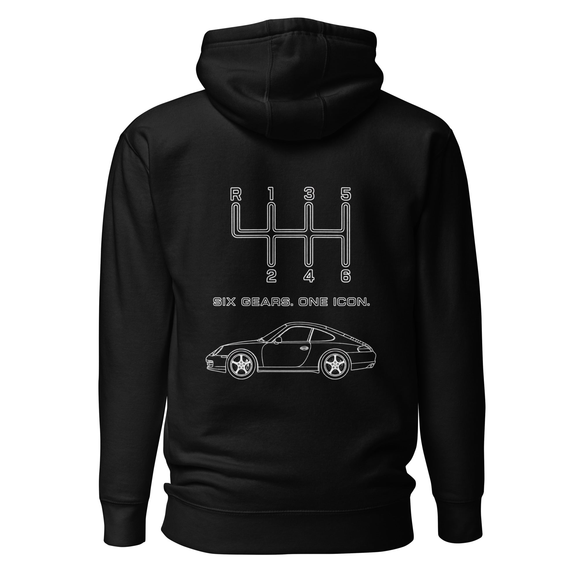 Black manual transmission hoodie with Six Gears One Icon classic sports car back graphic
