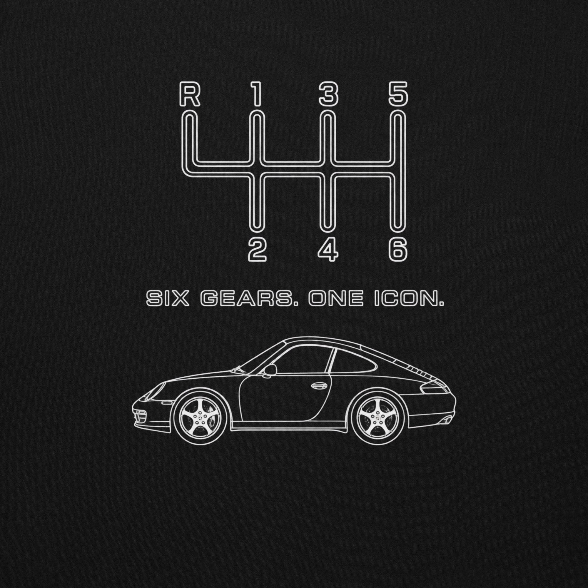 Close-up of Six Gears One Icon hoodie graphic with six-speed shift pattern and classic sports car silhouette