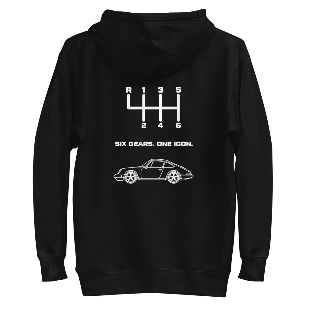 Black manual transmission hoodie back view with Six Gears One Icon six-speed graphic
