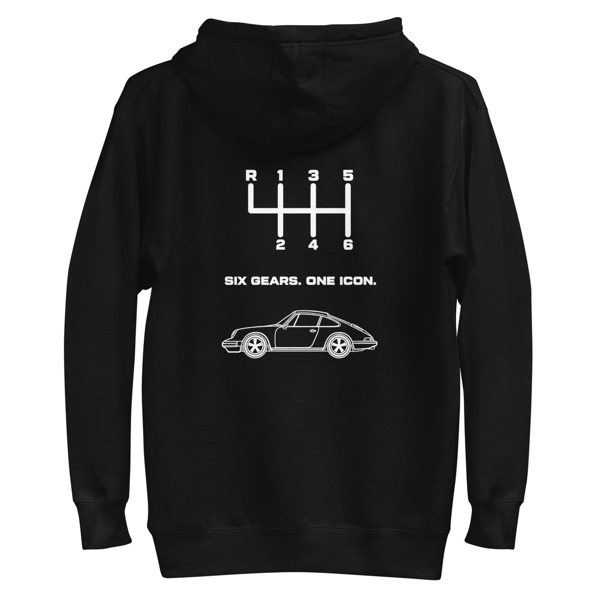 Black manual transmission hoodie back view with Six Gears One Icon six-speed graphic