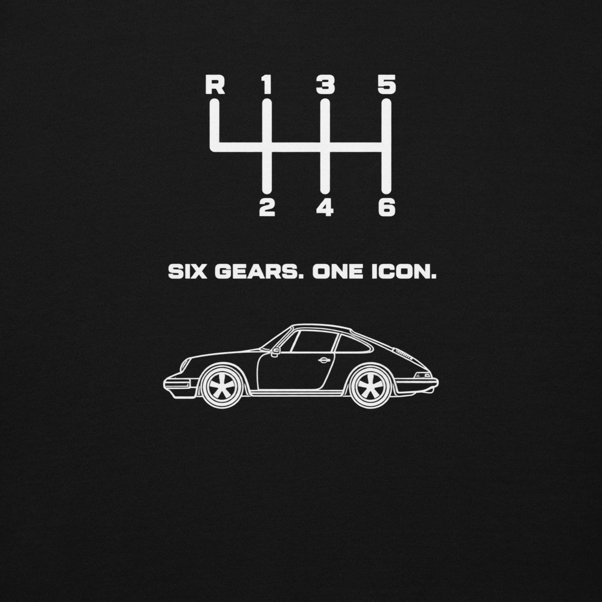 Close-up of white Six Gears One Icon six-speed shift pattern and sports car back print on black hoodie
